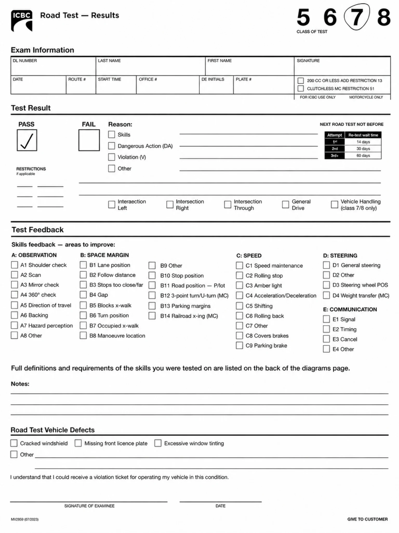 Interactive preview of an ICBC Road Test Results sheet