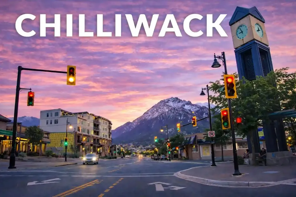 Traffic lights at the Five Corners intersection in downtown Chilliwack at dusk